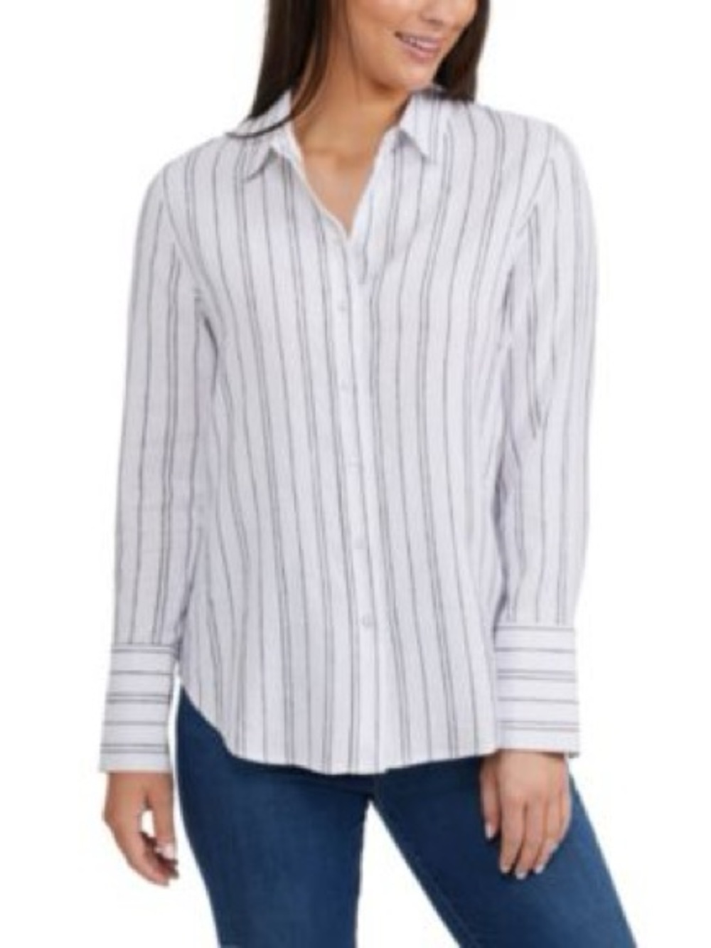 Women's White Vertical-Stripe Button-Down Shirt